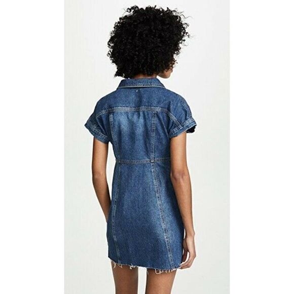 FREE PEOPLE XS DENIM CITY ASYMMETRICAL BUTTON RAW HEM MINI SHIRT DRESS BLUE - Picture 8 of 11